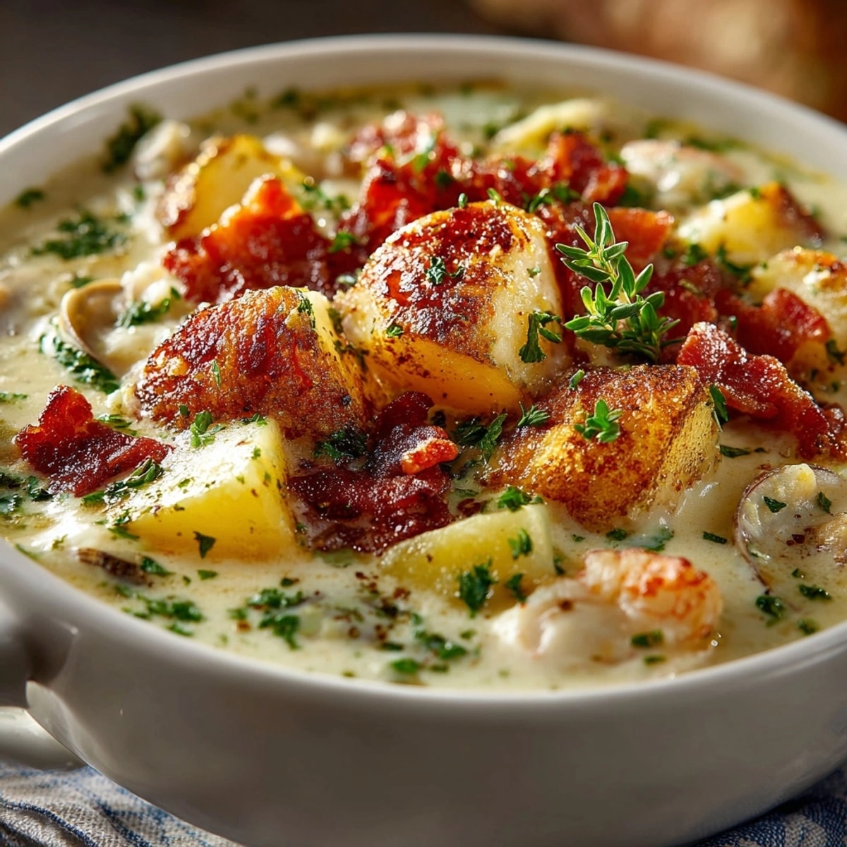 Hearty New England Clam Chowder in a rustic bowl, featuring rich broth and succulent seafood.