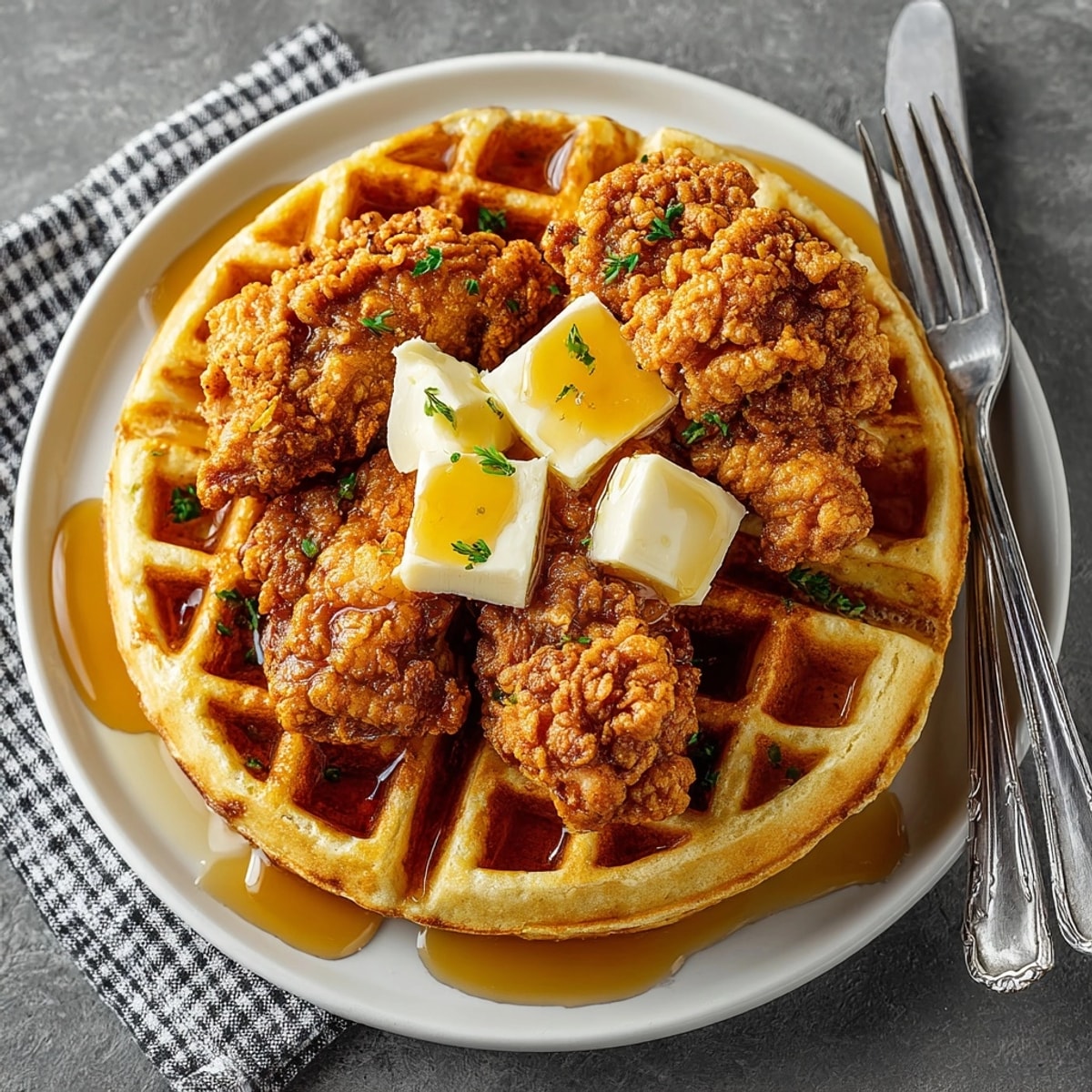 Chicken and waffles stacked on a plate, crispy fried chicken atop golden, fluffy waffles with syrup.