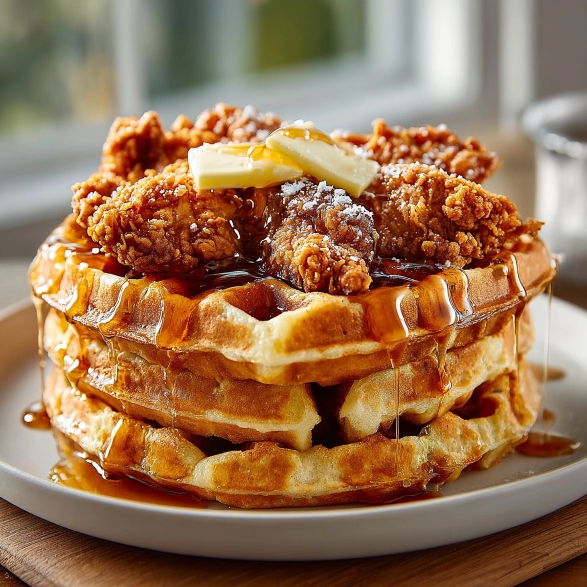 Southern chicken and waffles served warm, maple syrup drizzled over crunchy chicken and soft waffles.