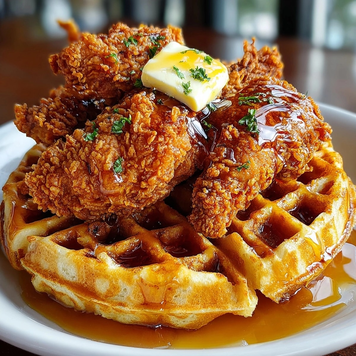 Close-up of chicken and waffles, juicy buttermilk fried chicken paired with thick, buttery waffles for brunch.