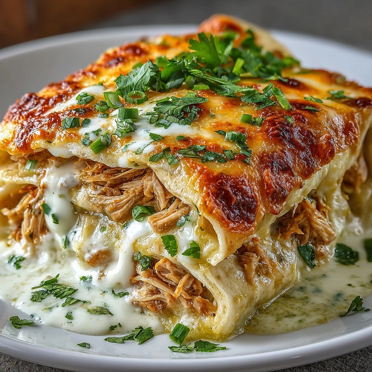 Close-up of green chile enchiladas showcasing creamy filling and golden baked tortilla edges