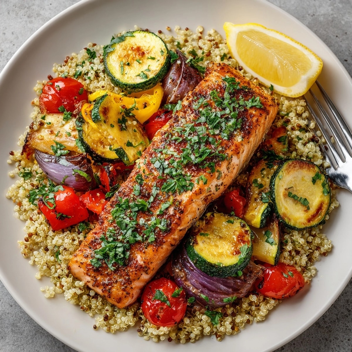 Grilled Salmon with Quinoa and Roasted Vegetables plated with vibrant, caramelized veggies and lemon wedges.