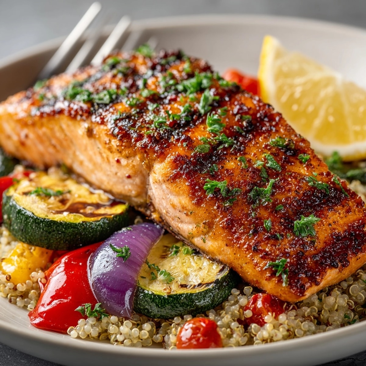 Juicy grilled salmon with quinoa and roasted vegetables served on a rustic dinner table.