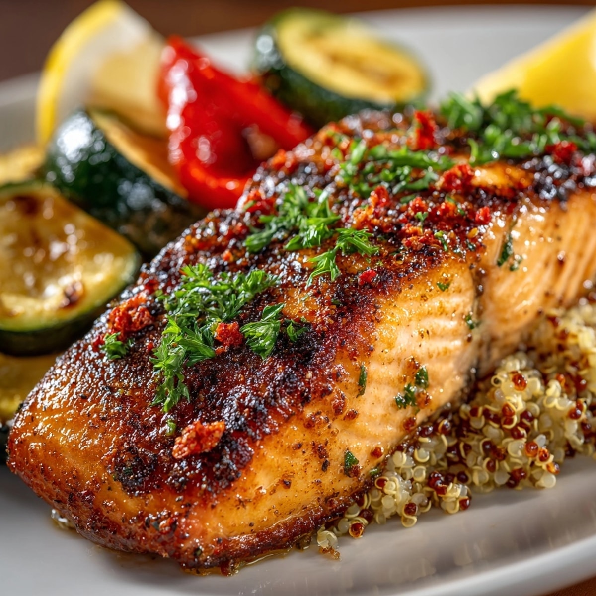 Hearty grilled salmon with quinoa and colorful roasted vegetables, garnished with fresh parsley.