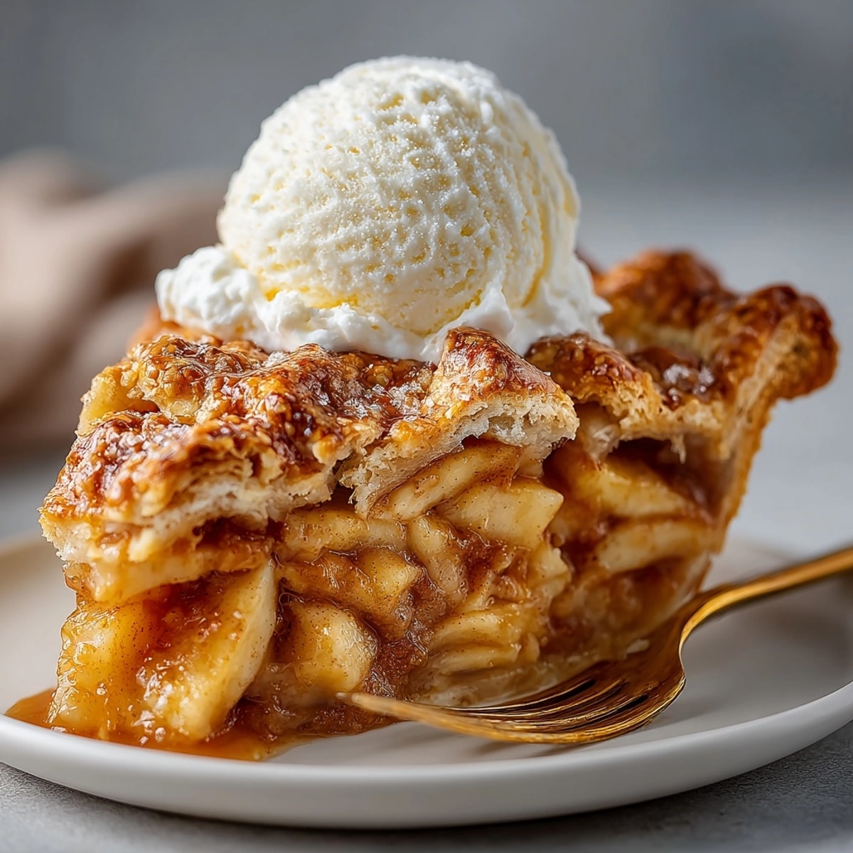 Sliced apple pie served warm, topped with melting vanilla ice cream on rustic plate.