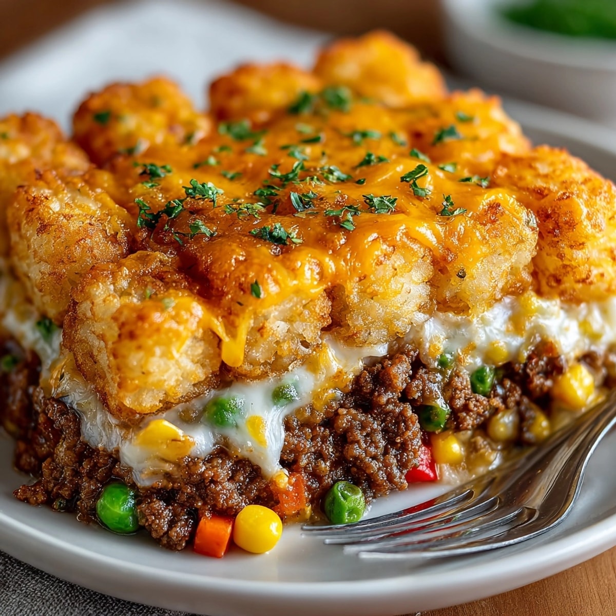 Freshly baked Tater Tot Hotdish in a casserole dish, crispy tots topping creamy, savory filling.