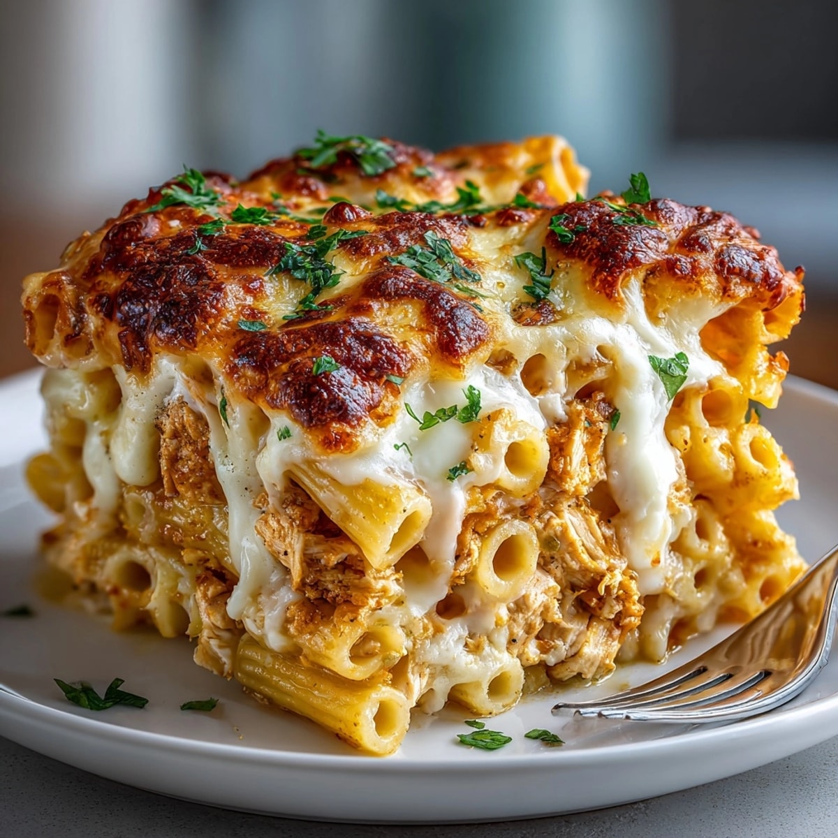 Creamy Budget Chicken and Cheese Pasta Bake served hot in a rustic ceramic casserole dish