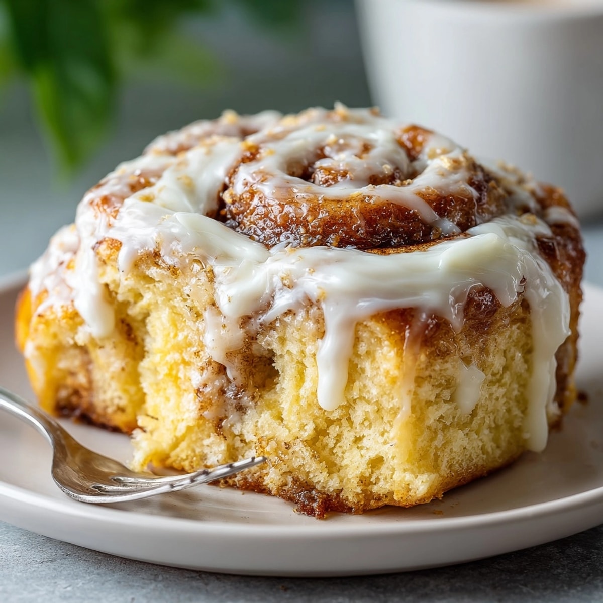 Freshly baked The Best Pumpkin Cinnamon Roll glazed with creamy frosting, perfect for cozy fall mornings.
