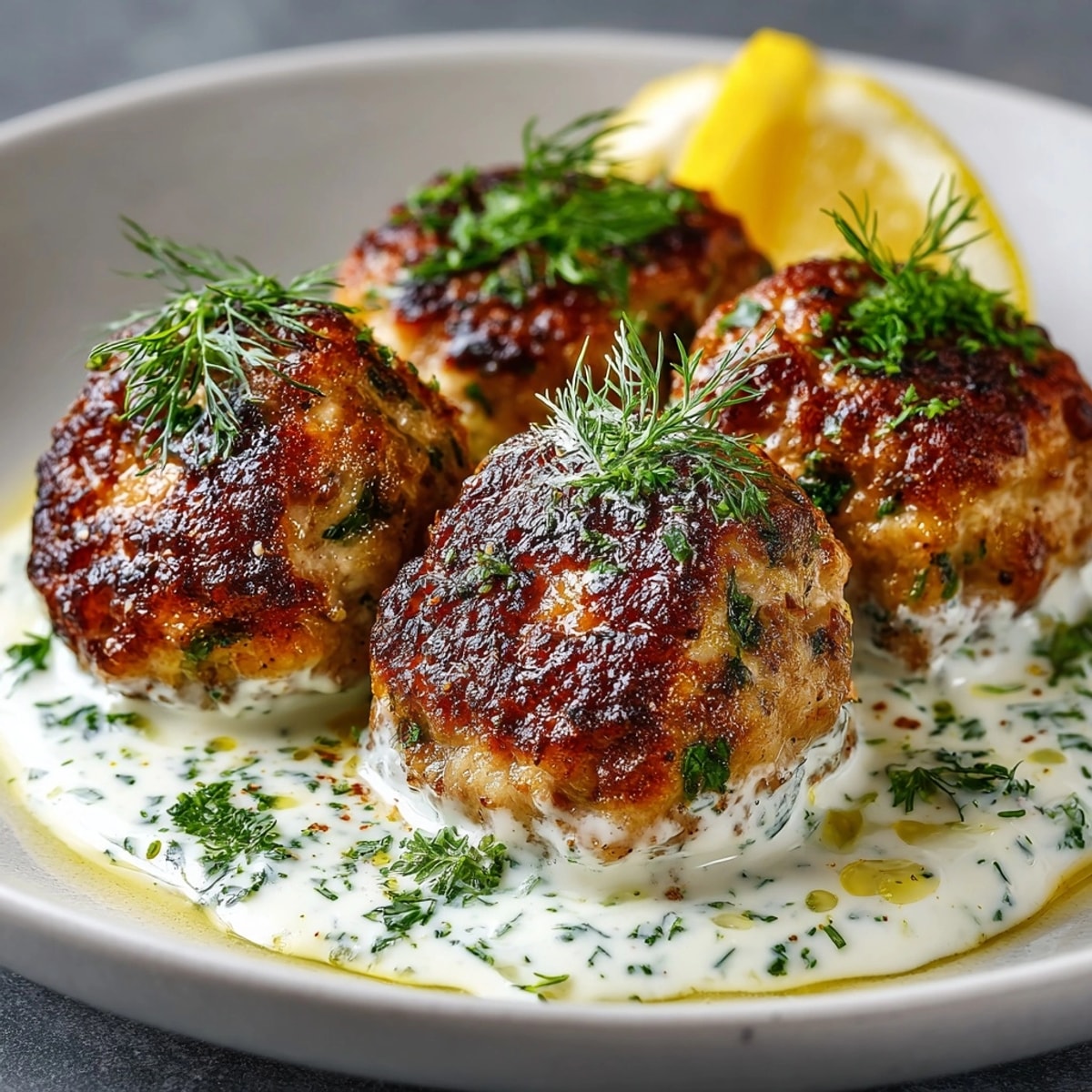 Greek Chicken Meatballs with Zesty Lemon plated alongside creamy dill yogurt sauce and fresh lemon wedges.