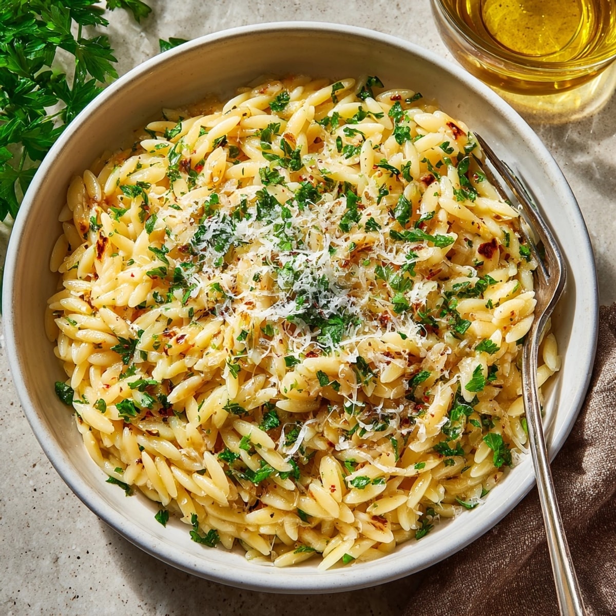 Creamy orzo with lemon, herbs, and parmesan cheese glistening under a sprinkle of chives.