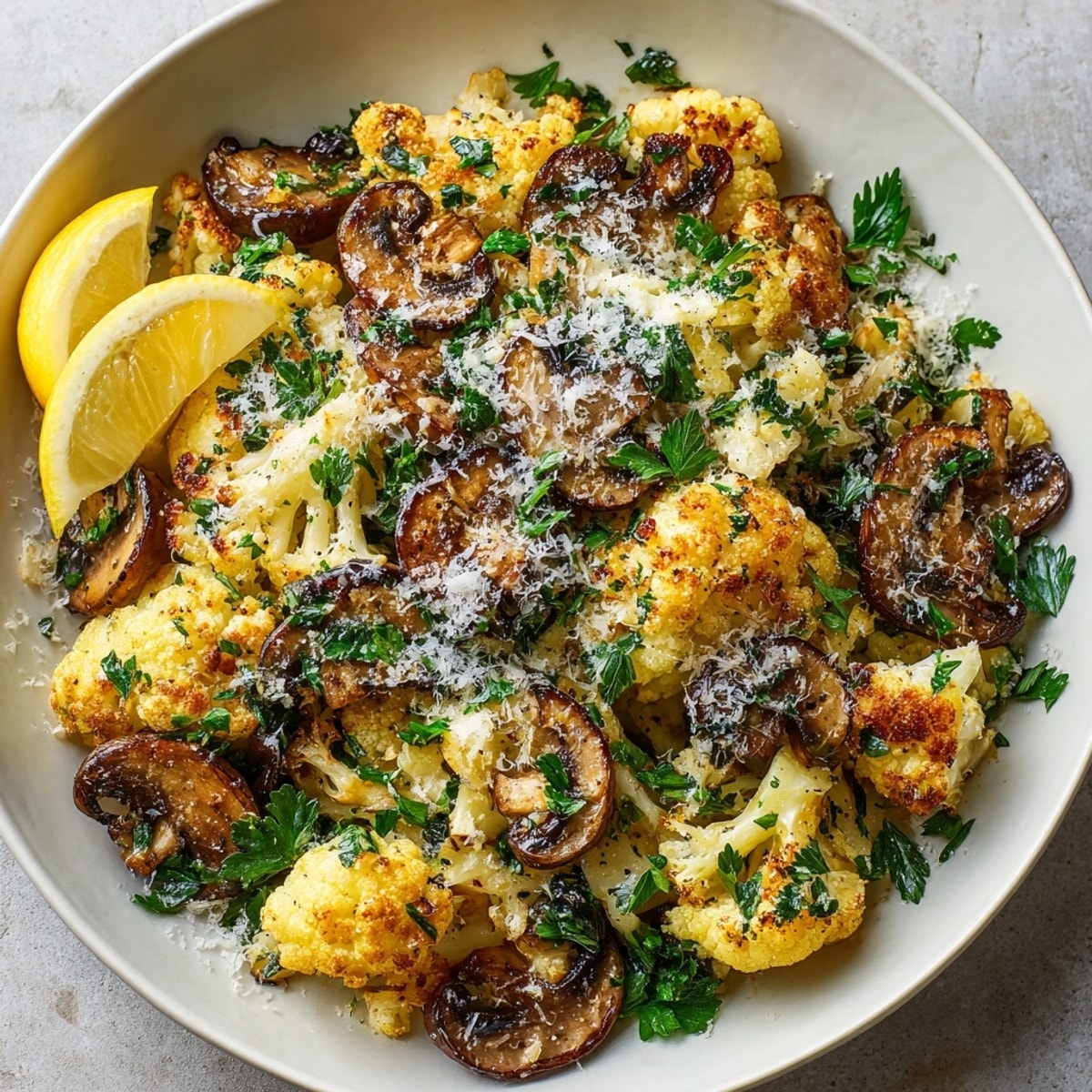 Close-up of savory Garlic Cauliflower Mushroom Skillet, showing caramelized vegetables and golden cauliflower florets.