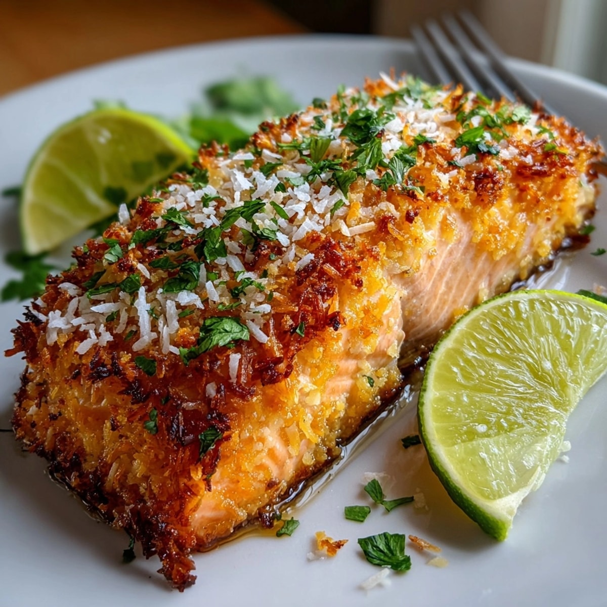 Coconut Crusted Salmon with golden coconut-panko coating served hot with fresh lime garnish