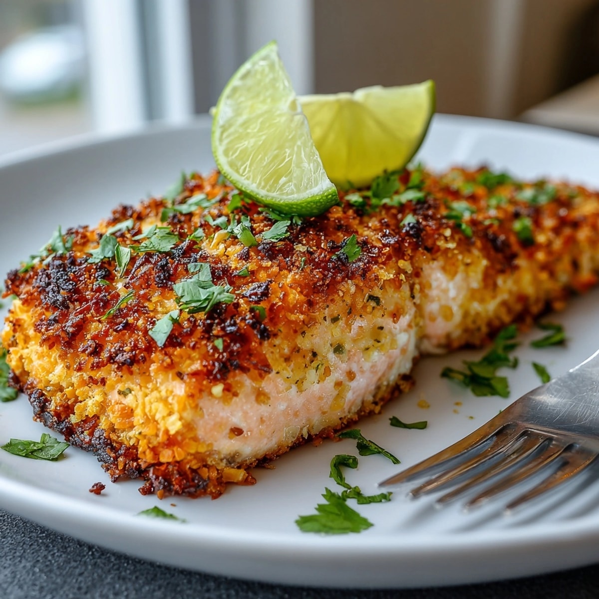 Juicy Coconut Crusted Salmon fillet plated on jasmine rice, crisp crust glistening invitingly