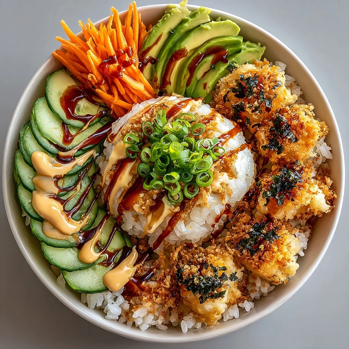 Vibrant Crunch Roll Sushi Bowl arranged with imitation crab, nori strips, and colorful vegetables for serving.