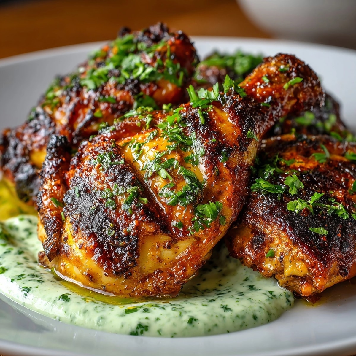 Peruvian Chicken with Creamy Green Sauce served hot, golden and juicy with vibrant green drizzle.