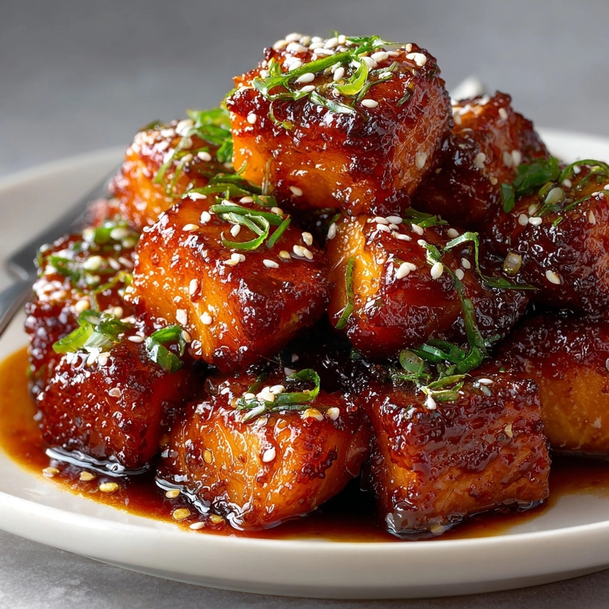 Honey Garlic Salmon Bites served on a white plate, glistening with sticky sweet glaze.