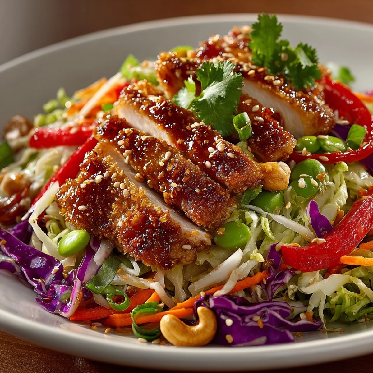 Colorful sesame chicken cabbage crunch salad with crisp veggies, toasted cashews, and tangy Asian dressing.