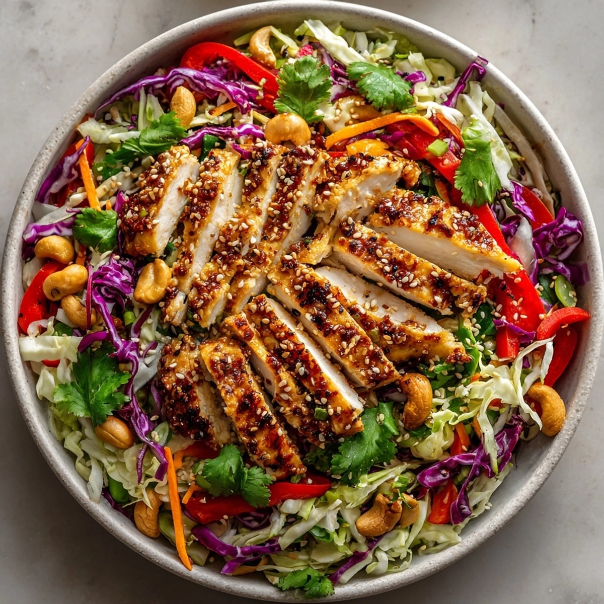 Closeup of vibrant sesame chicken cabbage crunch salad garnished with cilantro and sesame seeds, ready to eat.