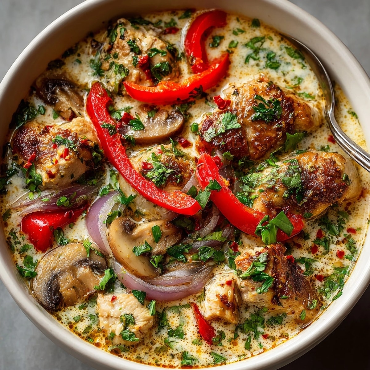 Creamy crockpot Thai coconut chicken soup garnished with fresh cilantro and red chili slices.