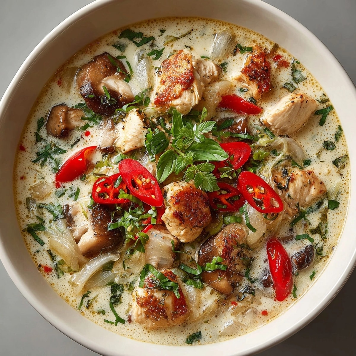 Steaming crockpot Thai coconut chicken soup served hot, perfect for a cozy, comforting meal.