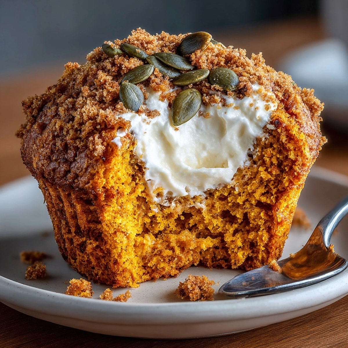 Fresh-baked pumpkin cream cheese muffins with a creamy center, topped with crunchy pecans.