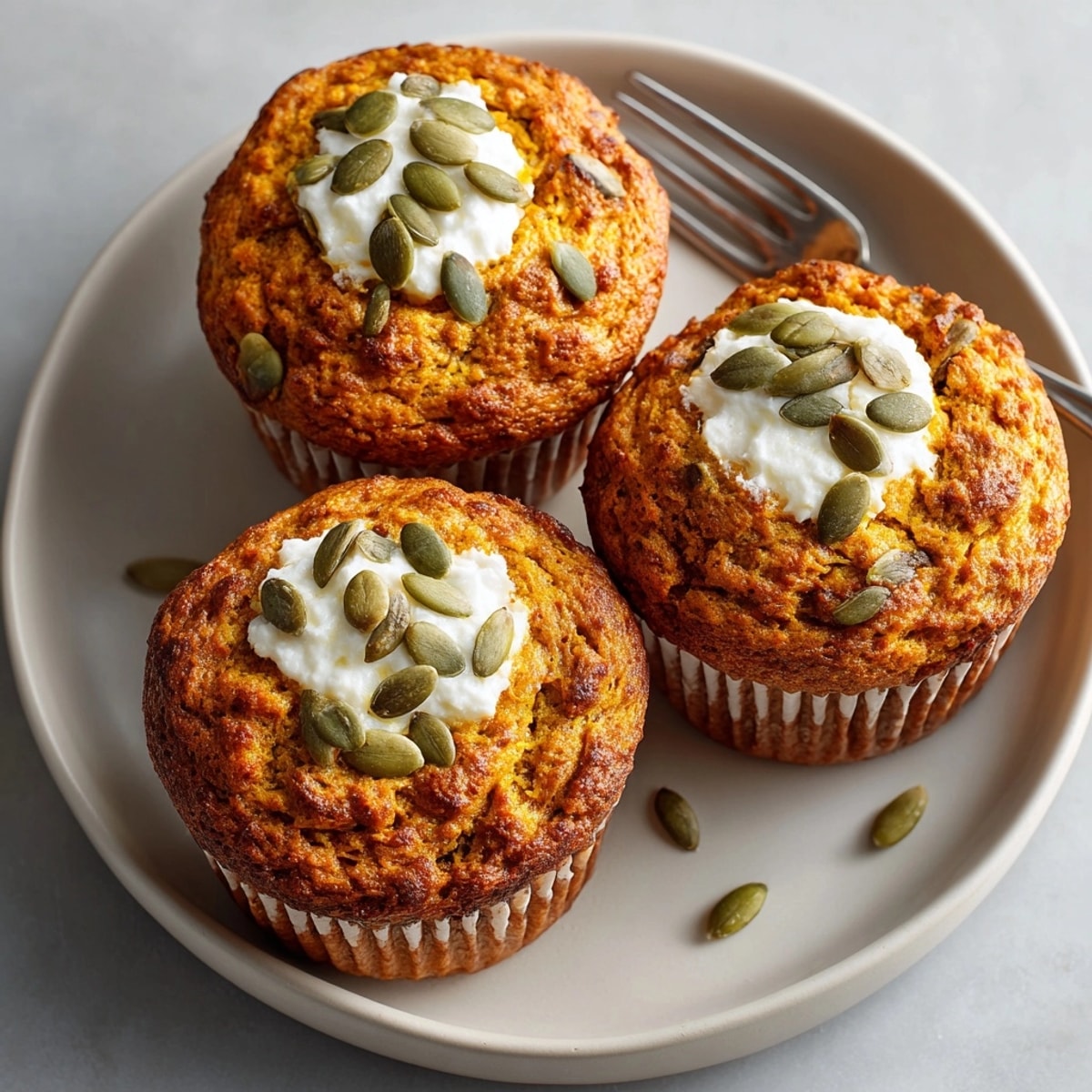 Close-up of moist pumpkin cream cheese muffins bursting with spiced aroma and creamy filling.
