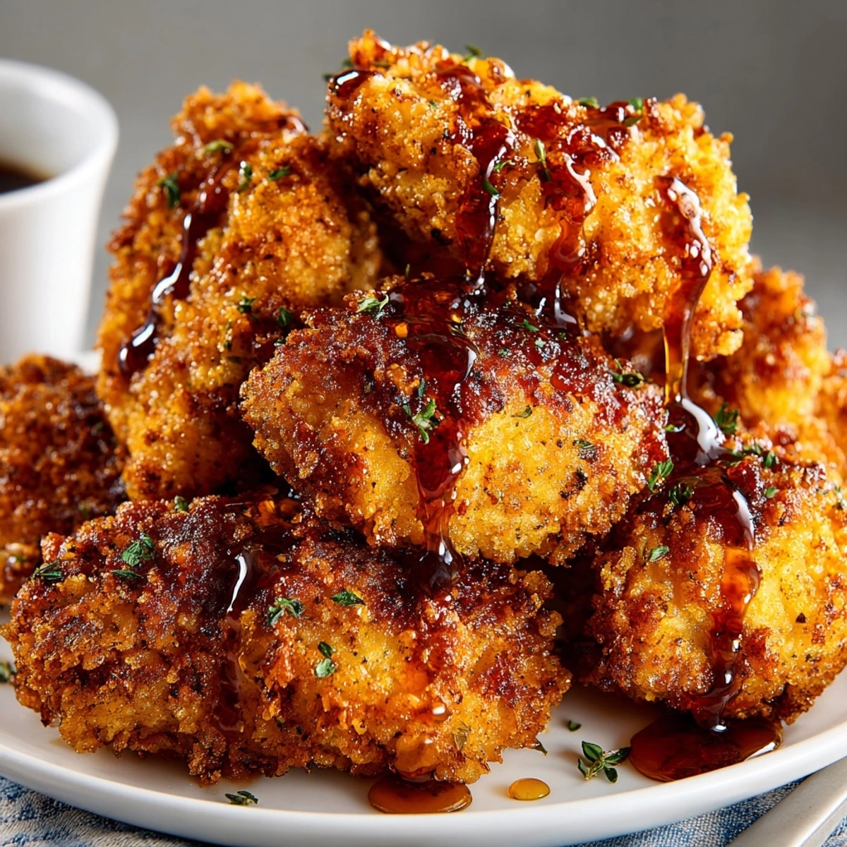 Buttermilk Fried Chicken with Honey Hot Sauce piled on a platter, crispy and glistening for Southern comfort.