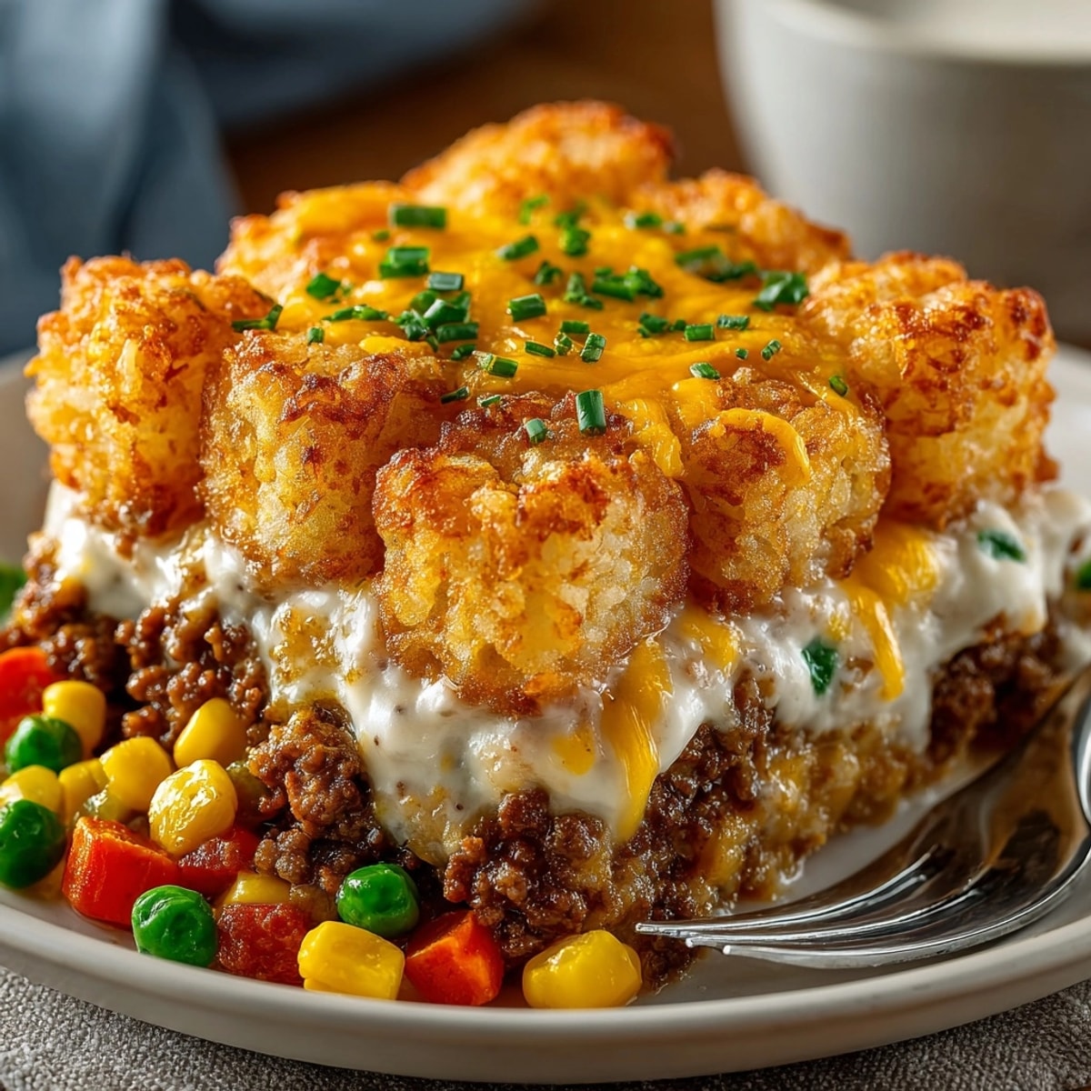 Church Supper Hotdish (Tater Tot Casserole) served hot, crispy golden tots atop savory beef and veggies