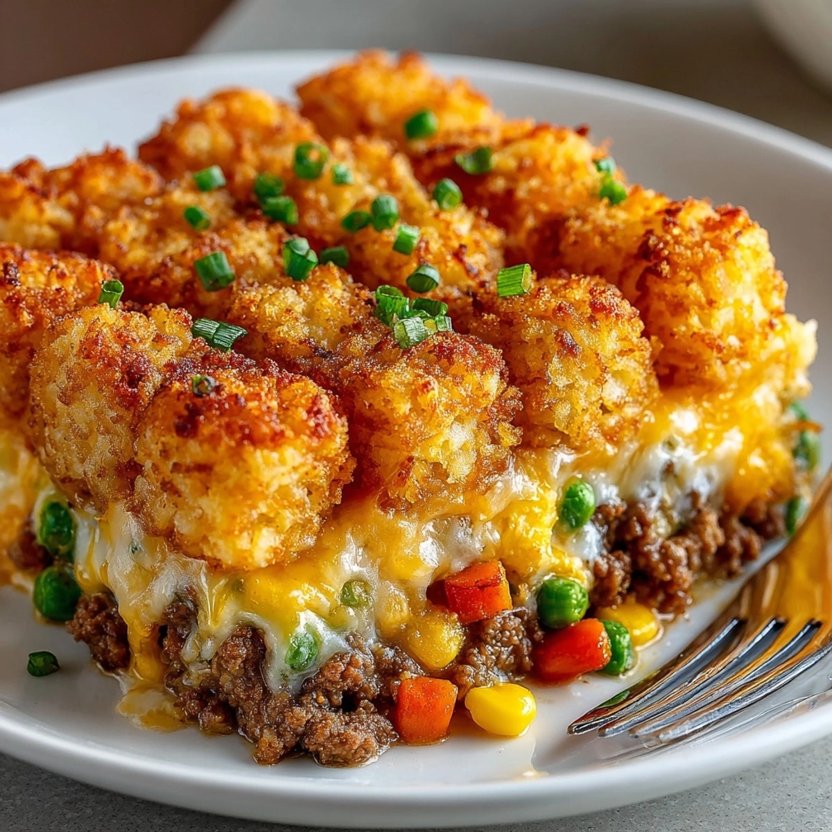 Hearty Church Supper Hotdish (Tater Tot Casserole) in a rustic casserole dish, bubbling and cheesy
