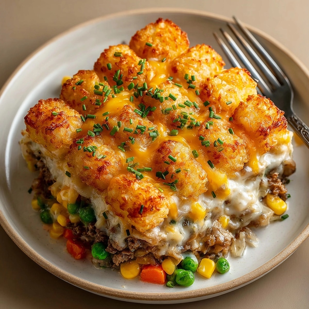 Close-up of Church Supper Hotdish (Tater Tot Casserole) with melted cheddar, fresh chives, and crunchy tater tots