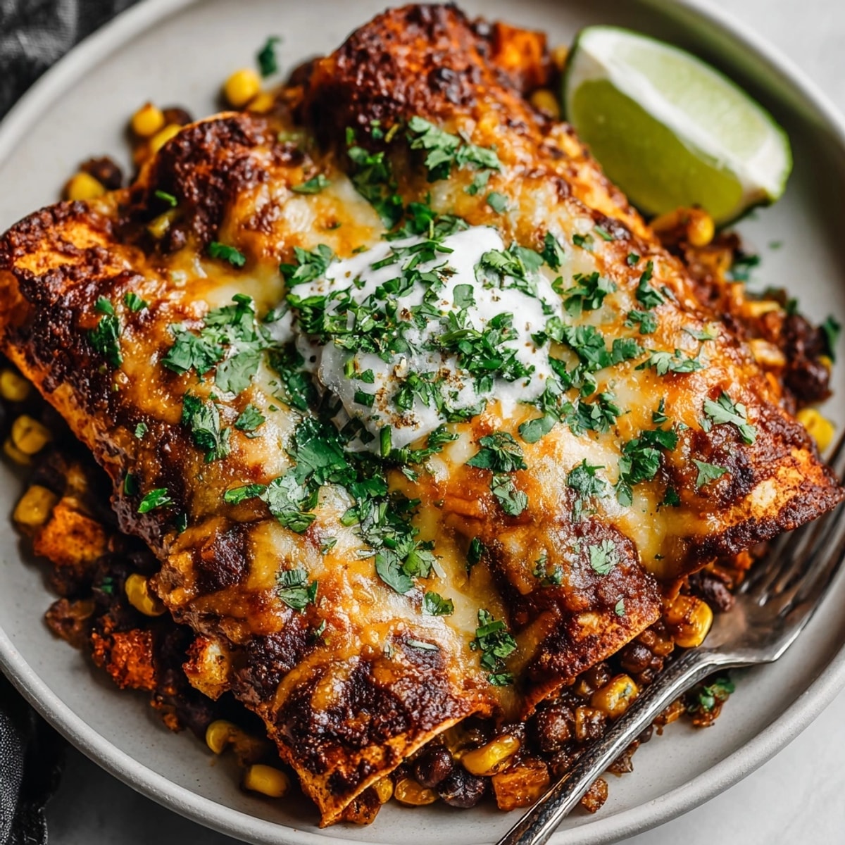 Smoky Chipotle Black Bean and Sweet Potato Enchiladas fresh from the oven, cheese bubbling with golden edges.