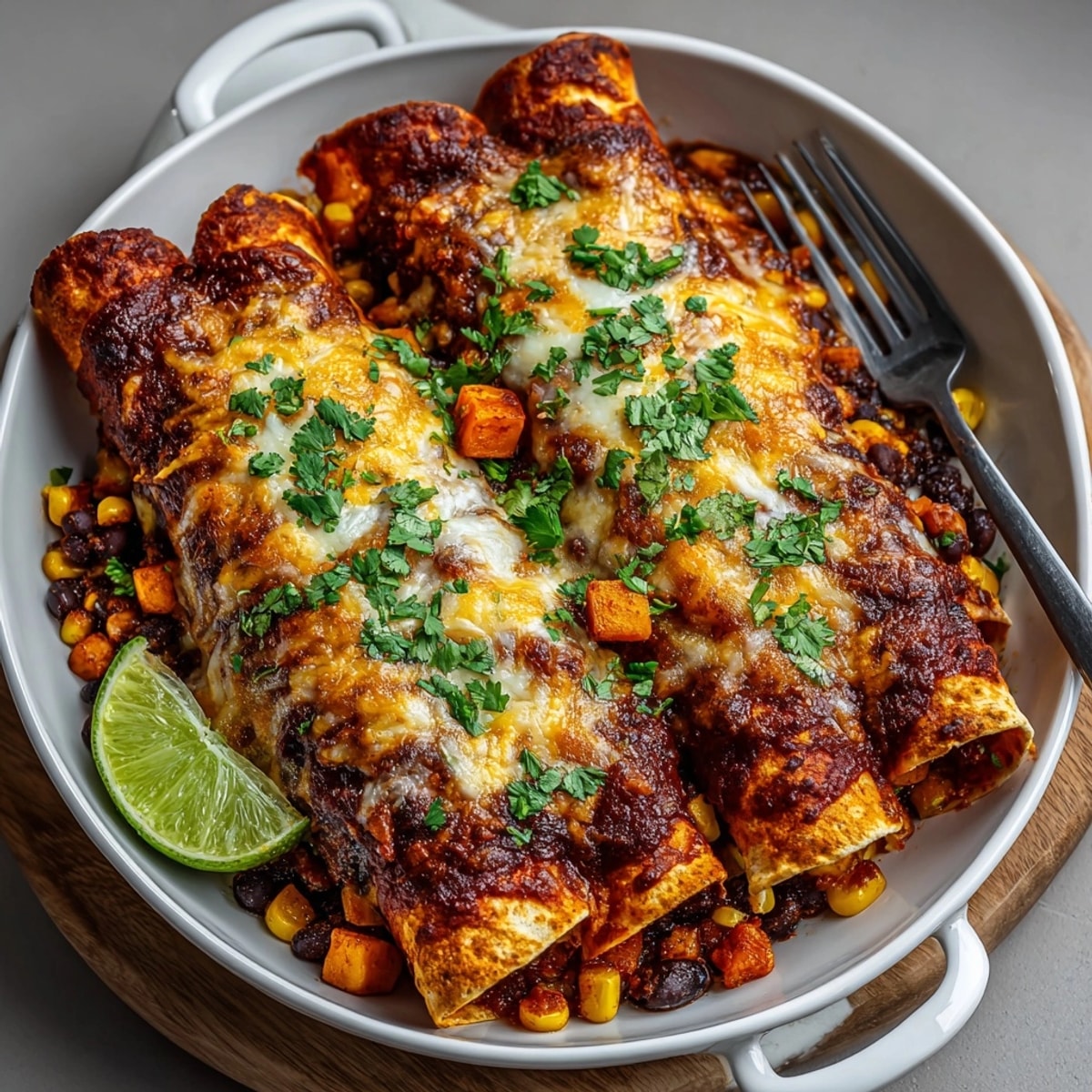 Vibrant Smoky Chipotle Black Bean and Sweet Potato Enchiladas plated with cilantro, lime wedges, and saucy goodness.