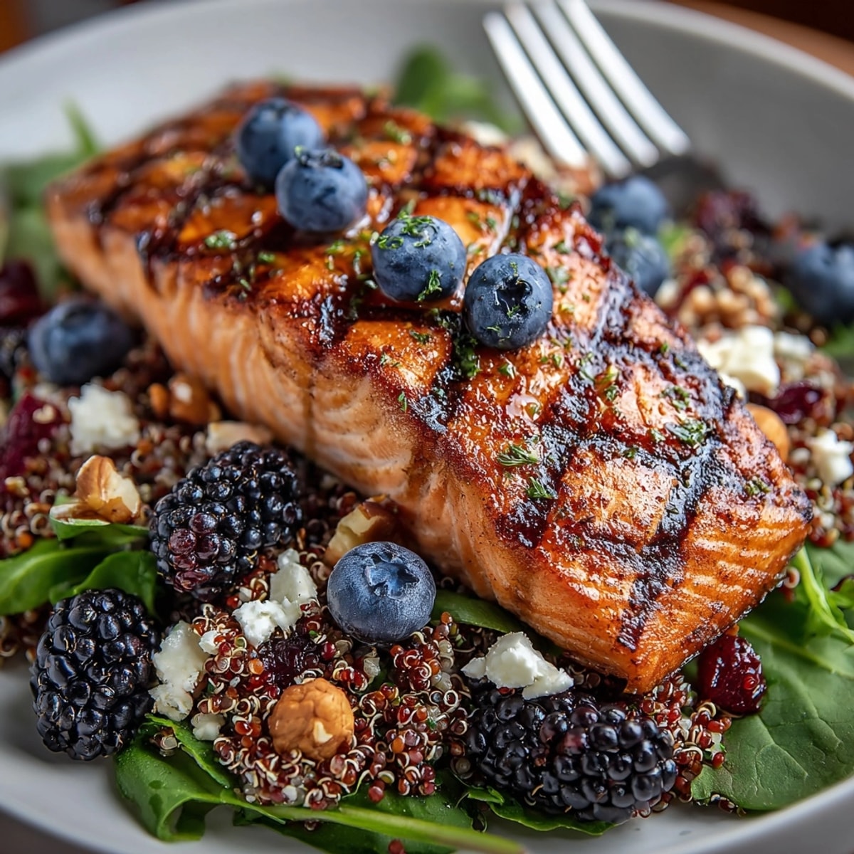 Grilled Cedar Plank Salmon with Pacific Berry Quinoa Salad plated with hazelnuts and fresh berries, ready to serve.