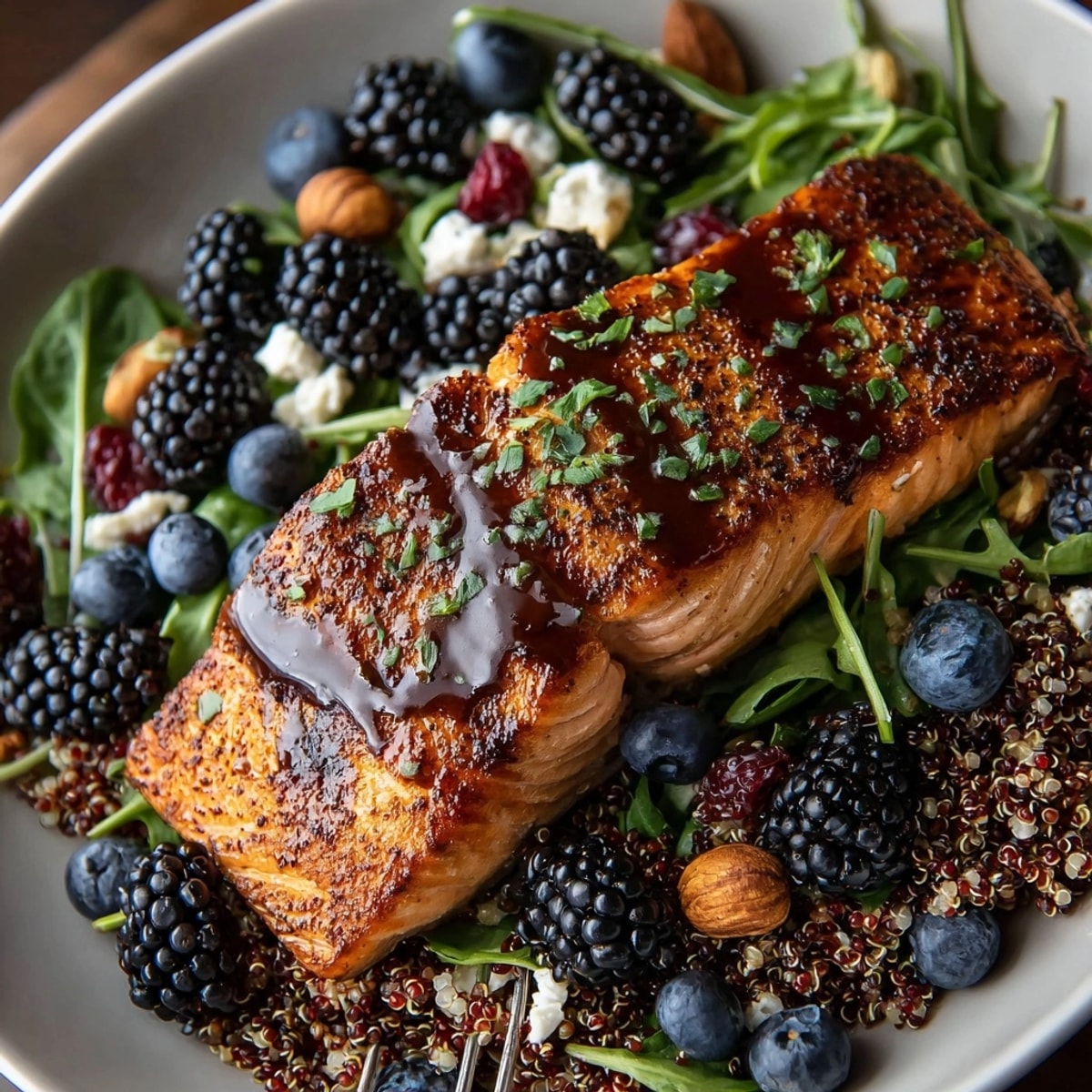 Pacific Northwest grilled cedar plank salmon paired with vibrant quinoa salad, bursting with seasonal berries and greens.