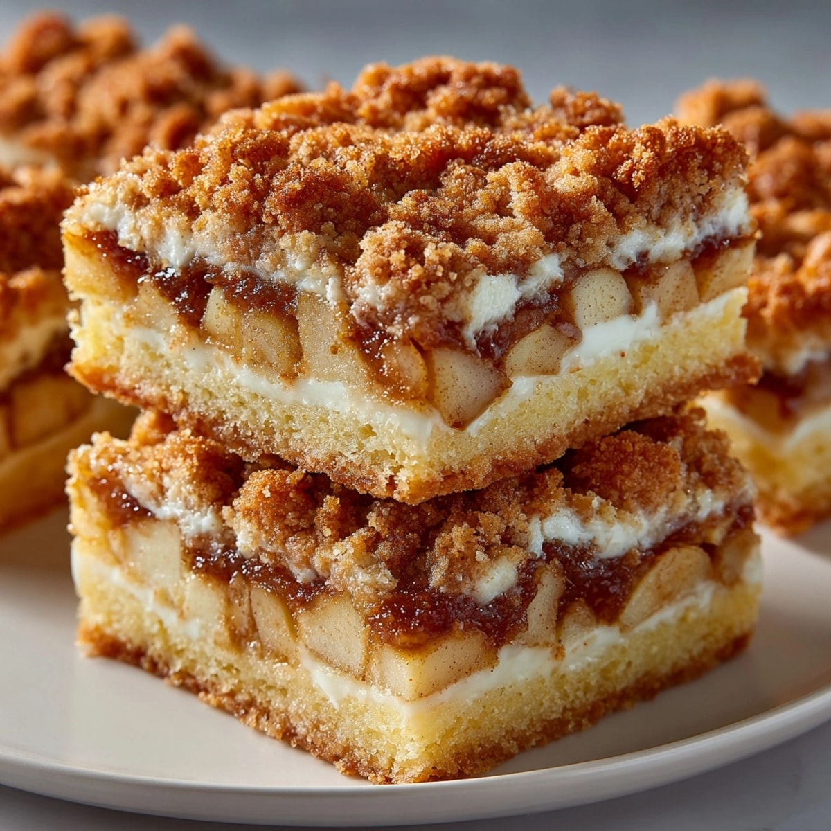 Close-up of Chaos Cake Apple Pie Disaster Bars with cinnamon crumble topping and gooey apple filling, fresh from the oven.