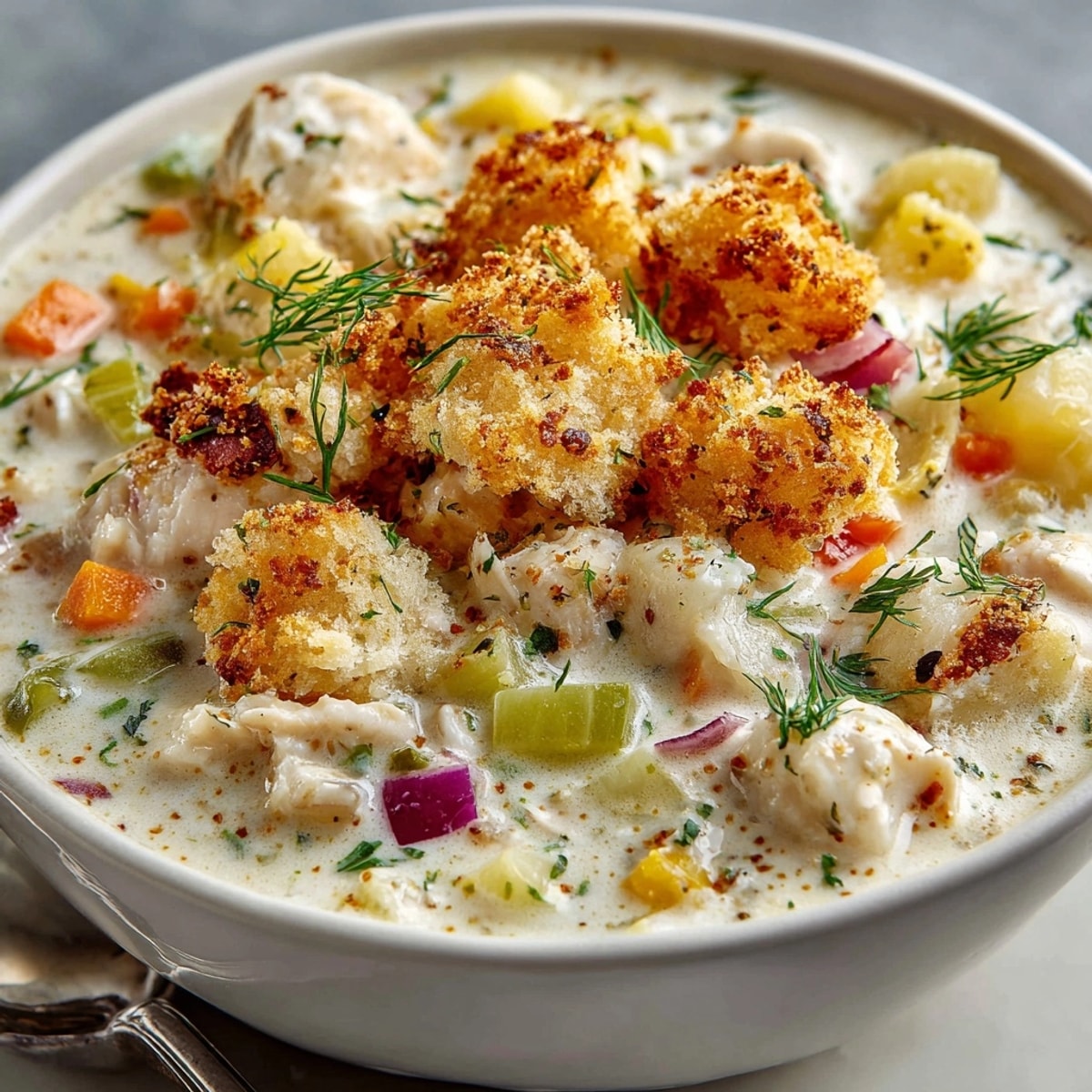Pickle-Fix Coastal Clam Chowder with Dill Cracker Crumbs served steaming with visible chunks of clams and pickles.
