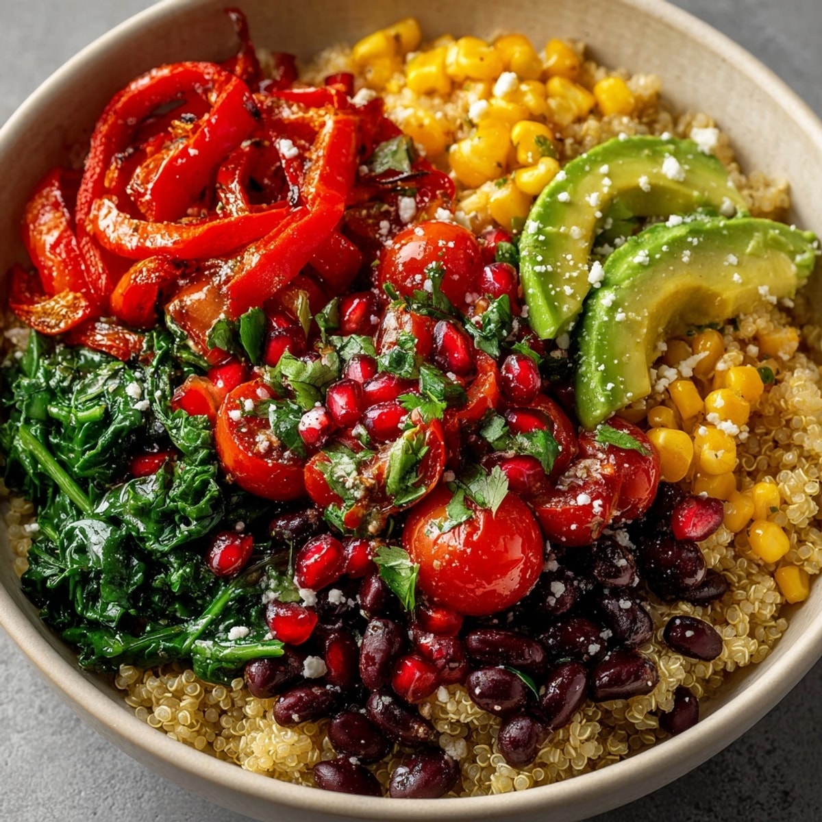 Cherry-Coded Southwest Quinoa Bowl topped with vibrant pomegranate salsa and creamy avocado slices.
