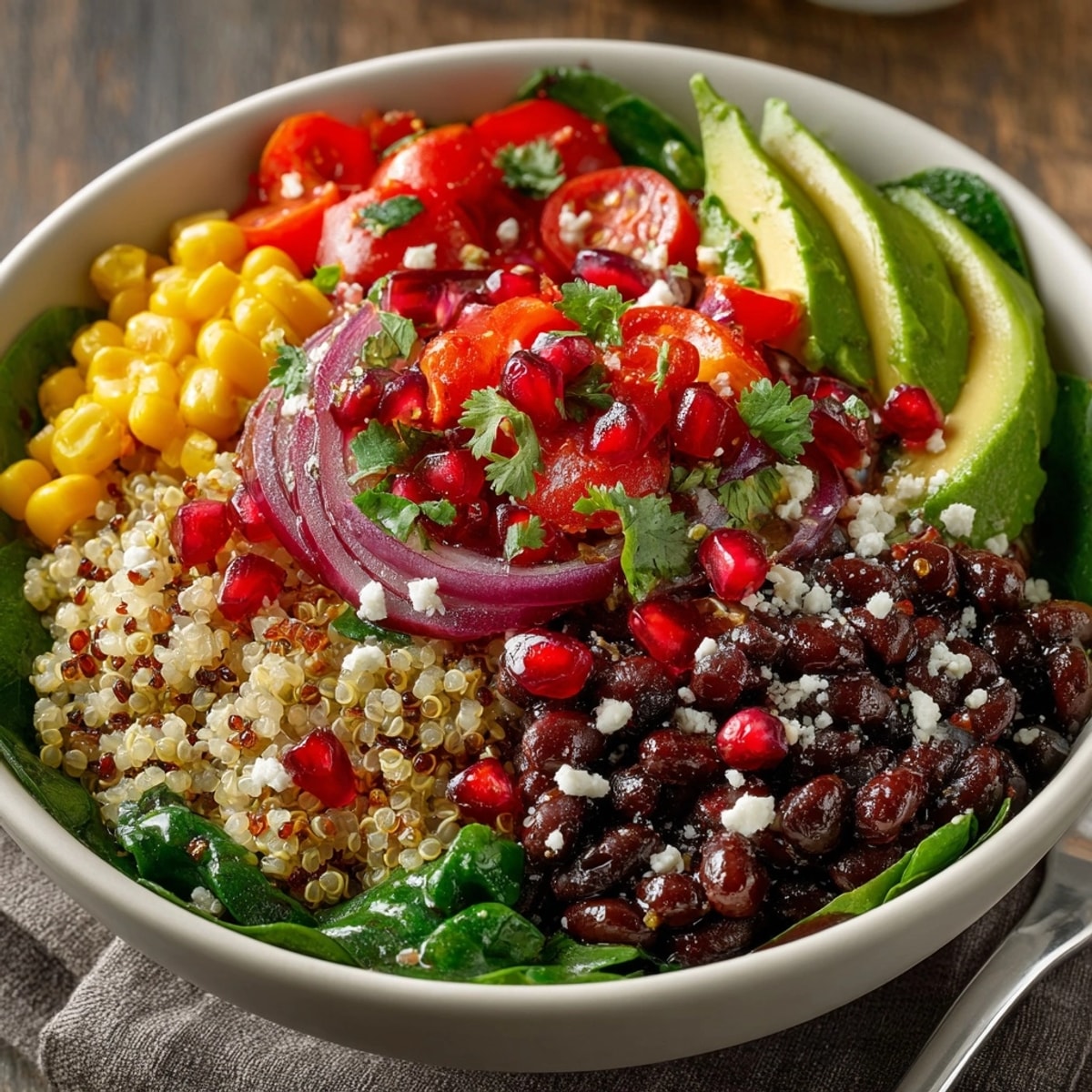 Freshly made Cherry-Coded Southwest Quinoa Bowl features juicy cherries and colorful vegetables in each bite.