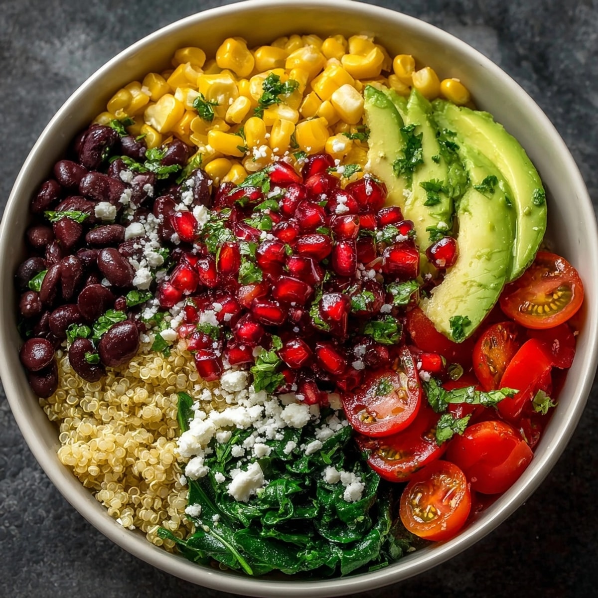 Closeup of Cherry-Coded Southwest Quinoa Bowl, garnished with feta and sprinkled with pomegranate seeds.
