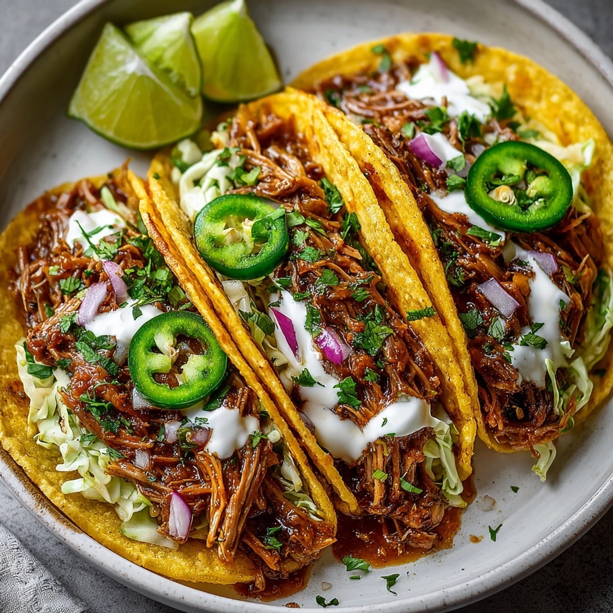 Rebel Float Root Beer Braised Pork Tacos served in warm tortillas, topped with colorful slaw and fresh cilantro.