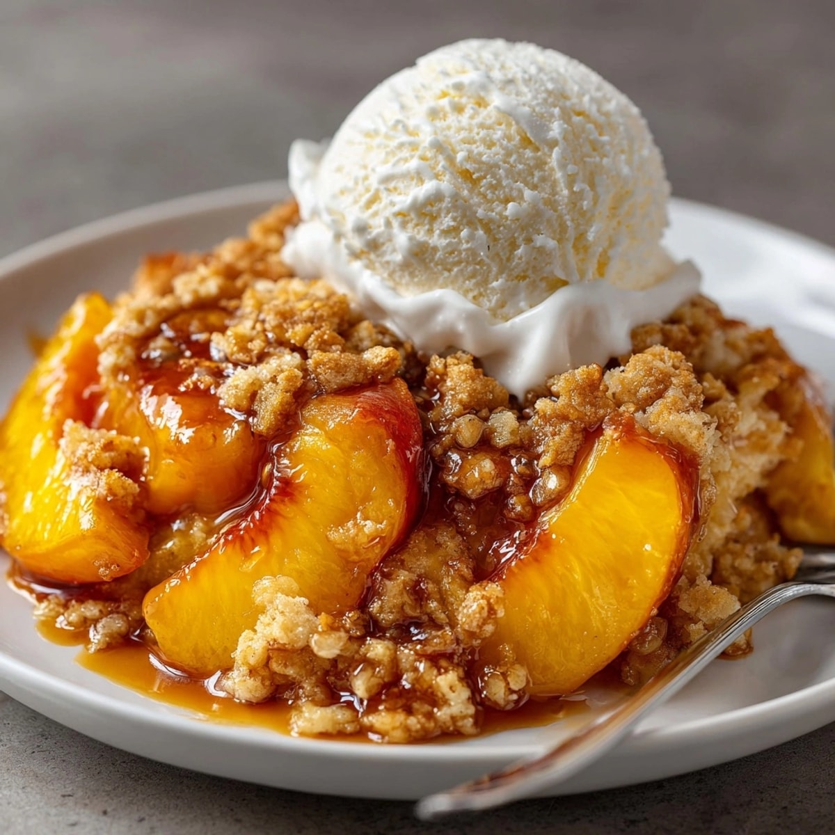 Southern Comfort Chaos Cake Peach Cobbler Mess served warm with bubbling peaches and golden cobbler topping.