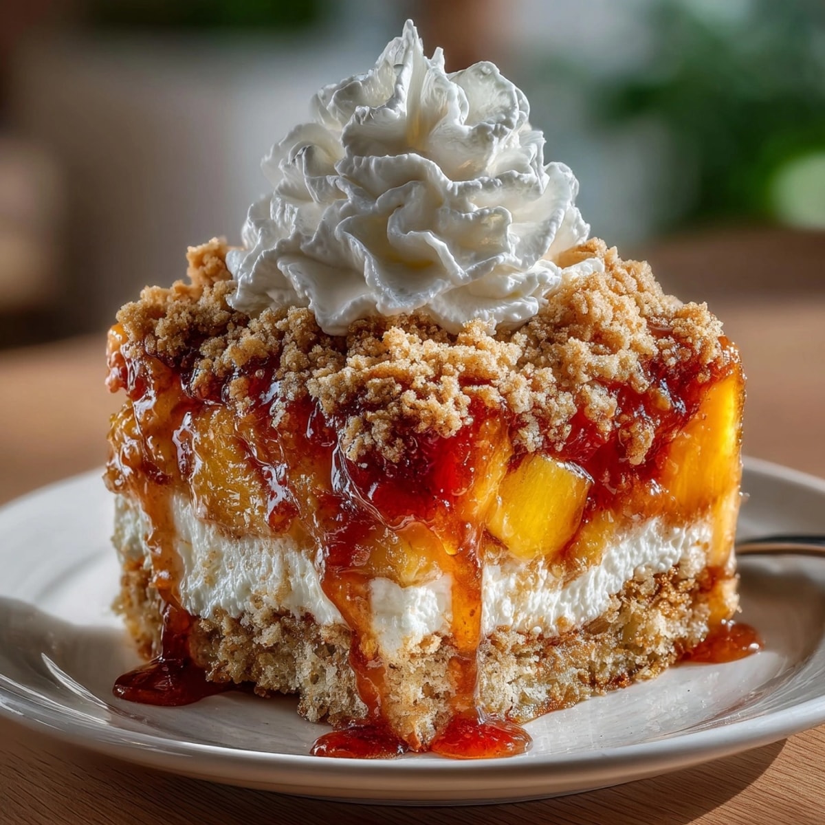 Close-up of Southern Comfort Chaos Cake Peach Cobbler Mess, topped with melting vanilla ice cream.
