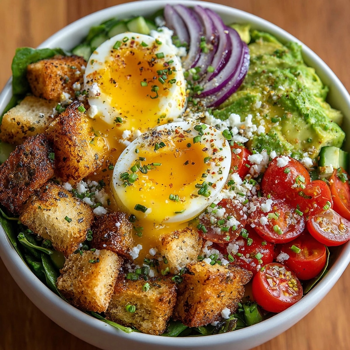 Western Fresh Avocado Toast Bowl with Everything Bagel topped with soft-boiled eggs and colorful vegetables.