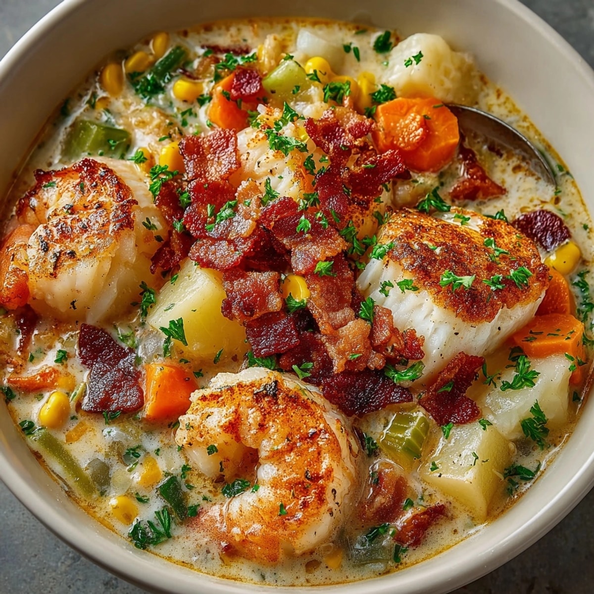 A steaming bowl of Coastal Fisherman's Chowder with crisp bacon and fresh herbs.
