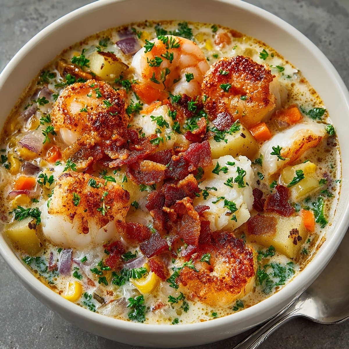 Creamy Coastal Fisherman's Chowder brimming with seafood, potatoes, and golden bacon.