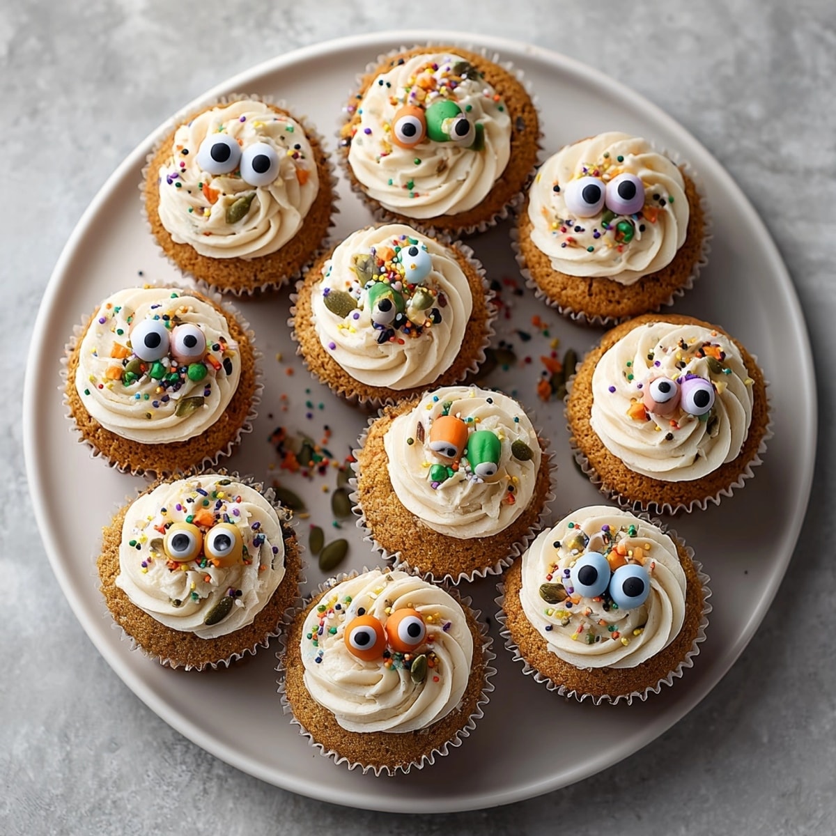 Whimsical Classic American Silly Cake Pumpkin Spice Disaster Cupcakes with fluffy pumpkin centers and smooth cream cheese icing.