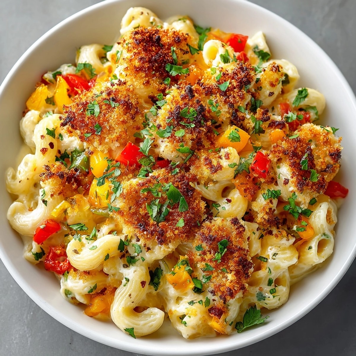Spiced Southwest Green Chile Mac and Cheese Skillet bubbling in a cast iron pan, golden breadcrumb topping glistening.