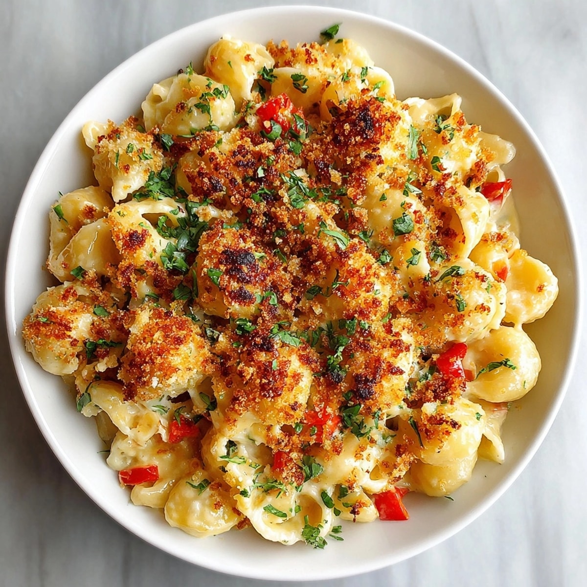 Hearty Spiced Southwest Green Chile Mac and Cheese Skillet, served hot with crispy panko and cilantro garnish.
