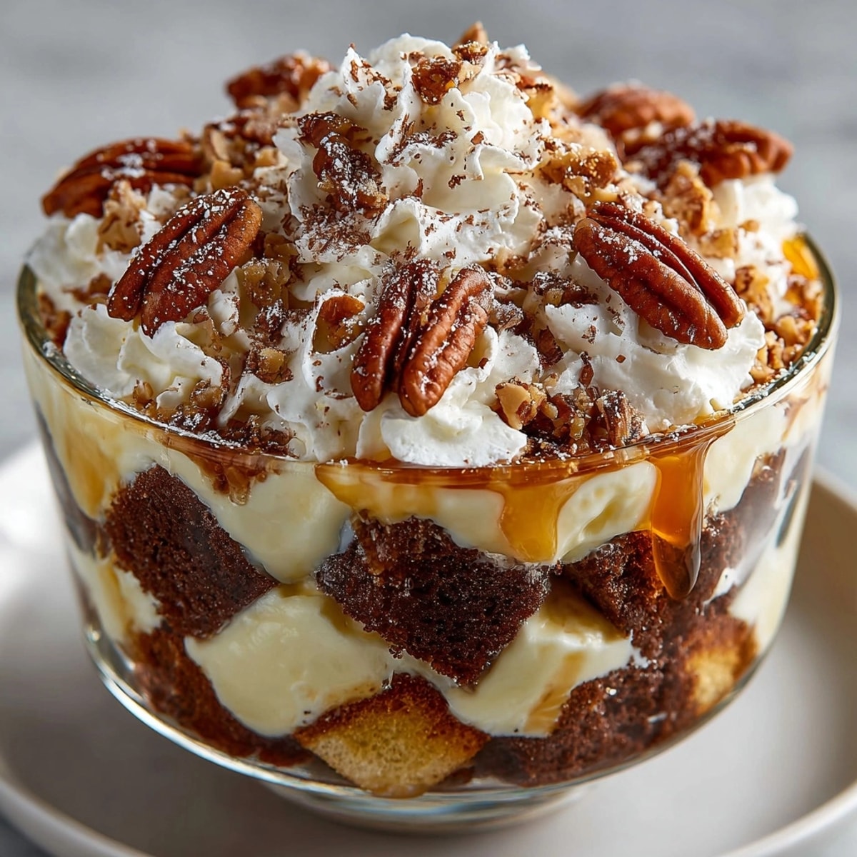 A layered Southern Comfort Bourbon Pecan Chaos Cake Trifle with whipped cream and toasted pecans.