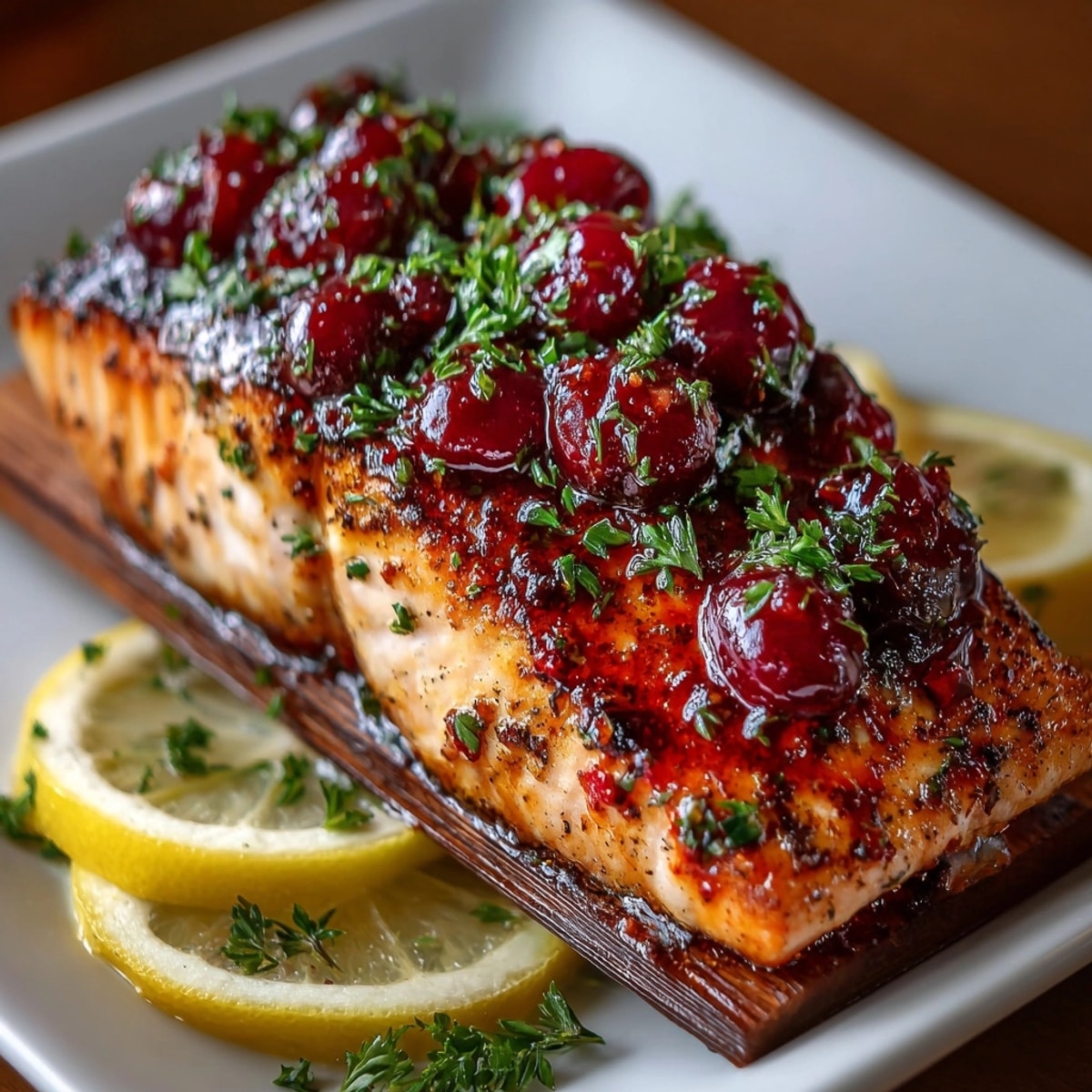 Smoked Western Fresh Cedar Plank Salmon: grilled salmon glistening with sweet cherry glaze, ready to serve.